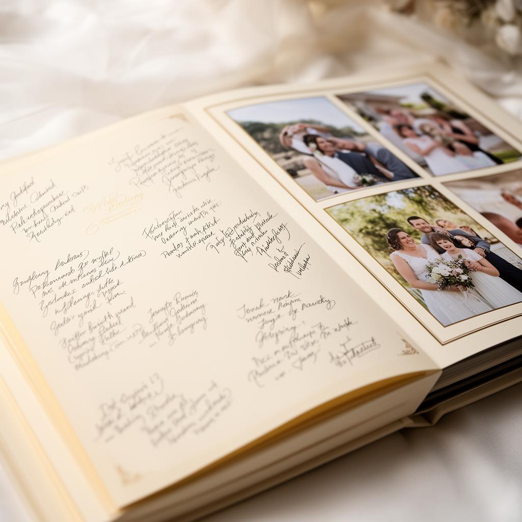 Aufgeschlagenes Fotogästebuch mit handschriftlichen Grüßen und Foto-Collagen